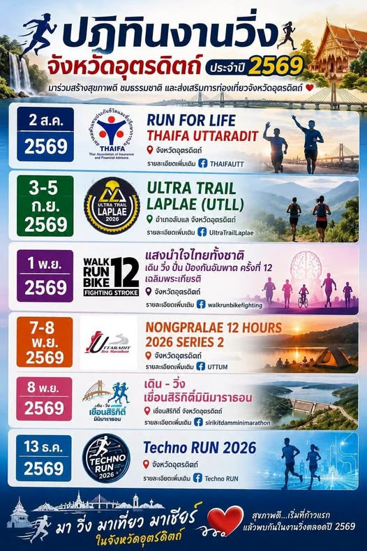 โปสเตอร์ปฏิทินงานวิ่งจังหวัดอุตรดิตถ์ ประจำปี 2569 รวม 6 กิจกรรม